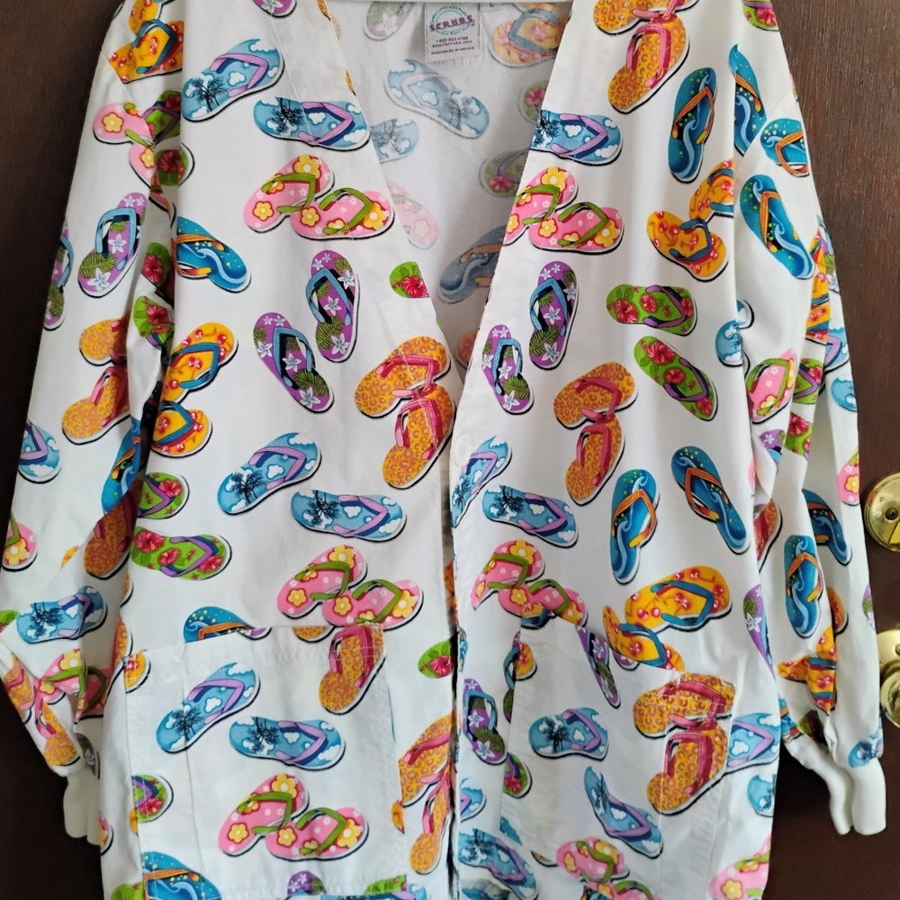 Bright Colorful Scrubs Jacket, Flip Flop Print, Size Large. Summer. Nurse Gift.